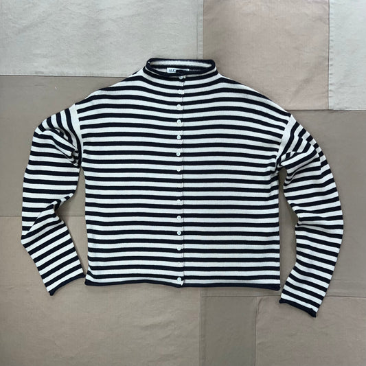 Taylor Roll Neck Cardigan in Cotton Cashmere, Navy/Ivory