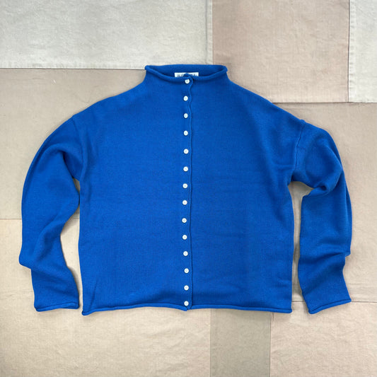 Taylor Roll Neck Cardigan in Cotton Cashmere, Cosmic Blue
