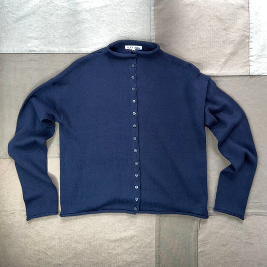 Taylor Roll Neck Cardigan in Cotton Cashmere, Navy