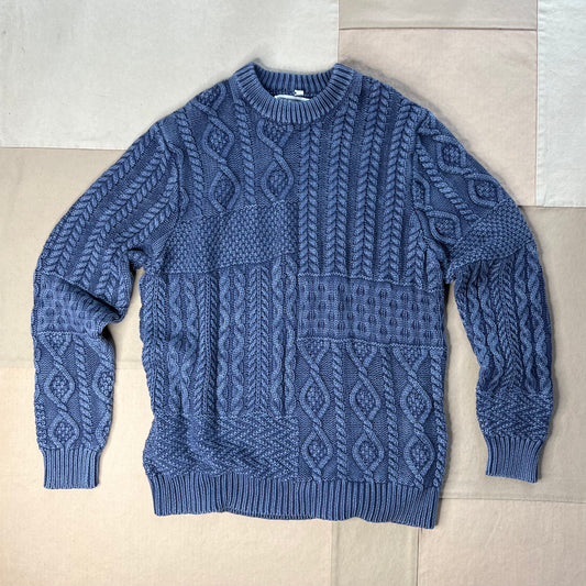 Stonewashed Patchwork Cotton Sweater, Navy