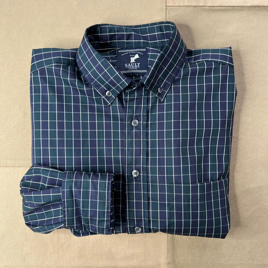 Long Sleeve Button Down Shirt, Navy Green Windowpane