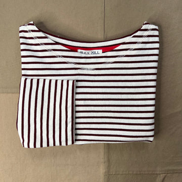 Marseille Boatneck Striped Tee in Cotton, Off White/Burgundy