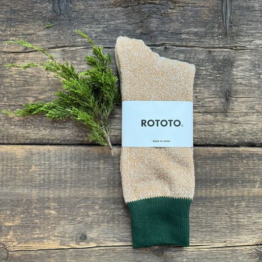 Silk & Cotton Double Face Crew Socks, Dark Green/Beige