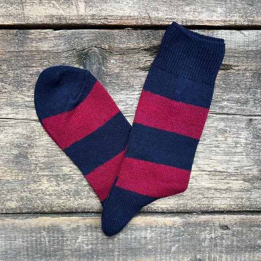 Wool Cashmere Stripes Crew Socks, Navy Melange