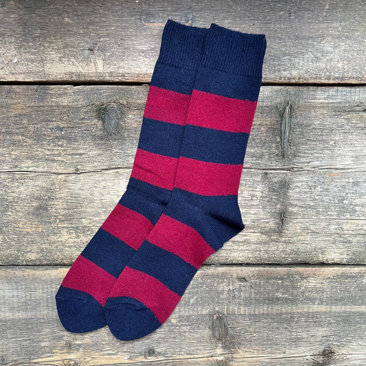 Wool Cashmere Stripes Crew Socks, Navy Melange