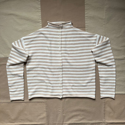 Taylor Cardigan in Stripe Cotton Cashmere, Sand/Ivory