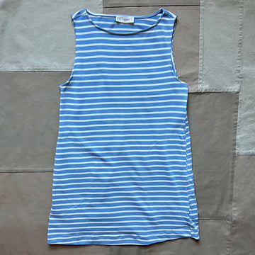 Knit Cotton Striped Round Neck Sleeveless Midi Dress, Sea Blue