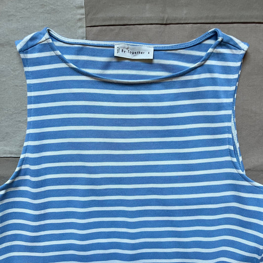 Knit Cotton Striped Round Neck Sleeveless Midi Dress, Sea Blue