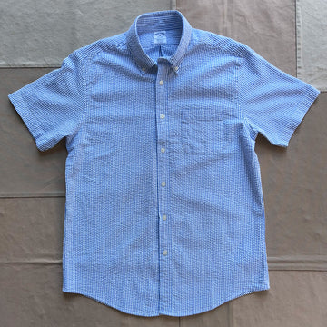 Short Sleeve Striped Seersucker Shirt, Blue/White