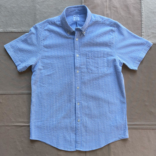 Short Sleeve Striped Seersucker Shirt, Blue/White