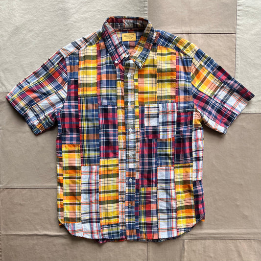 Classic Button Down Collar Short Sleeve Shirt, Patchwork Multi Check