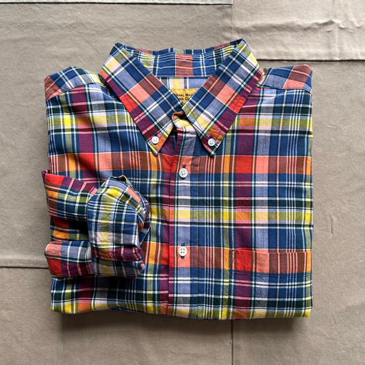 Classic Button Down Collar Long Sleeve Shirt, Navy Yellow Check
