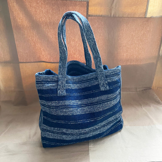 Mat Weave Open-Top Tote, Indigo White Weft Stripe