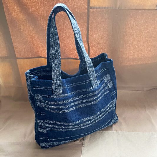 Mat Weave Open-Top Tote, Indigo White Weft Stripe