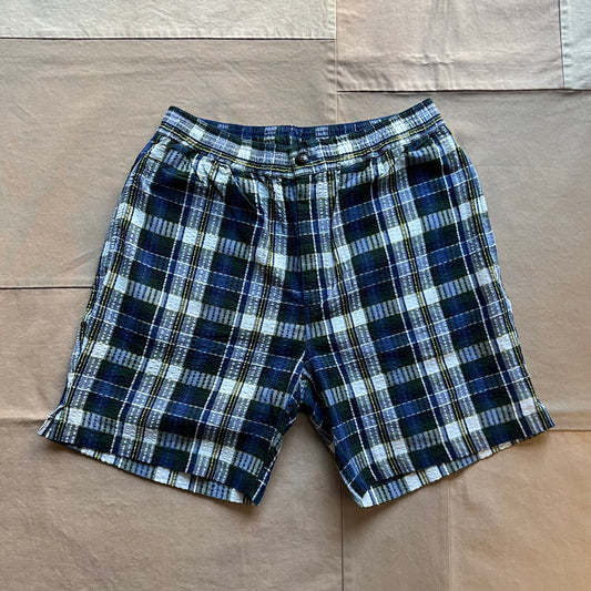 Sault Drawstring Seersucker Weave Shorts, Multi Check Navy
