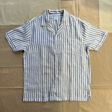 Striped Linen Camp Collar Shirt, Olive