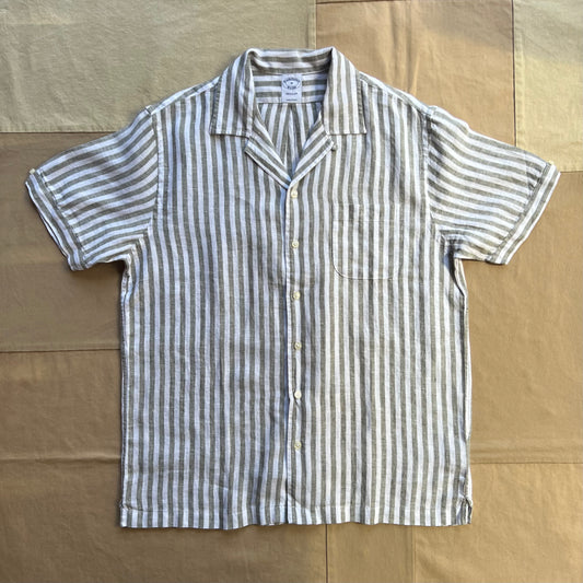 Striped Linen Camp Collar Shirt, Olive