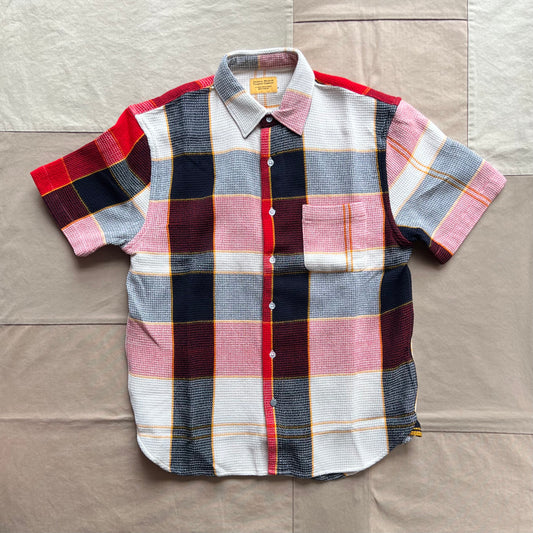Lax Waffle Weave Short Sleeve Shirt, White Navy Red Check