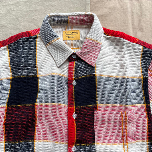 Lax Waffle Weave Short Sleeve Shirt, White Navy Red Check