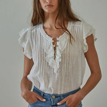 Woven Button V-Neck Short Sleeve Top, White