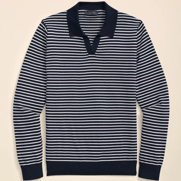 Long Sleeve Pima Cotton Johnny Collar Mariner Stripe Sweater, Navy