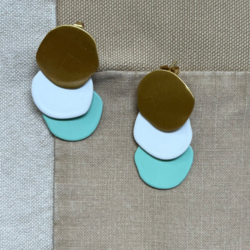 Triple Organic Circle Post Earrings, Mint/White/Brass